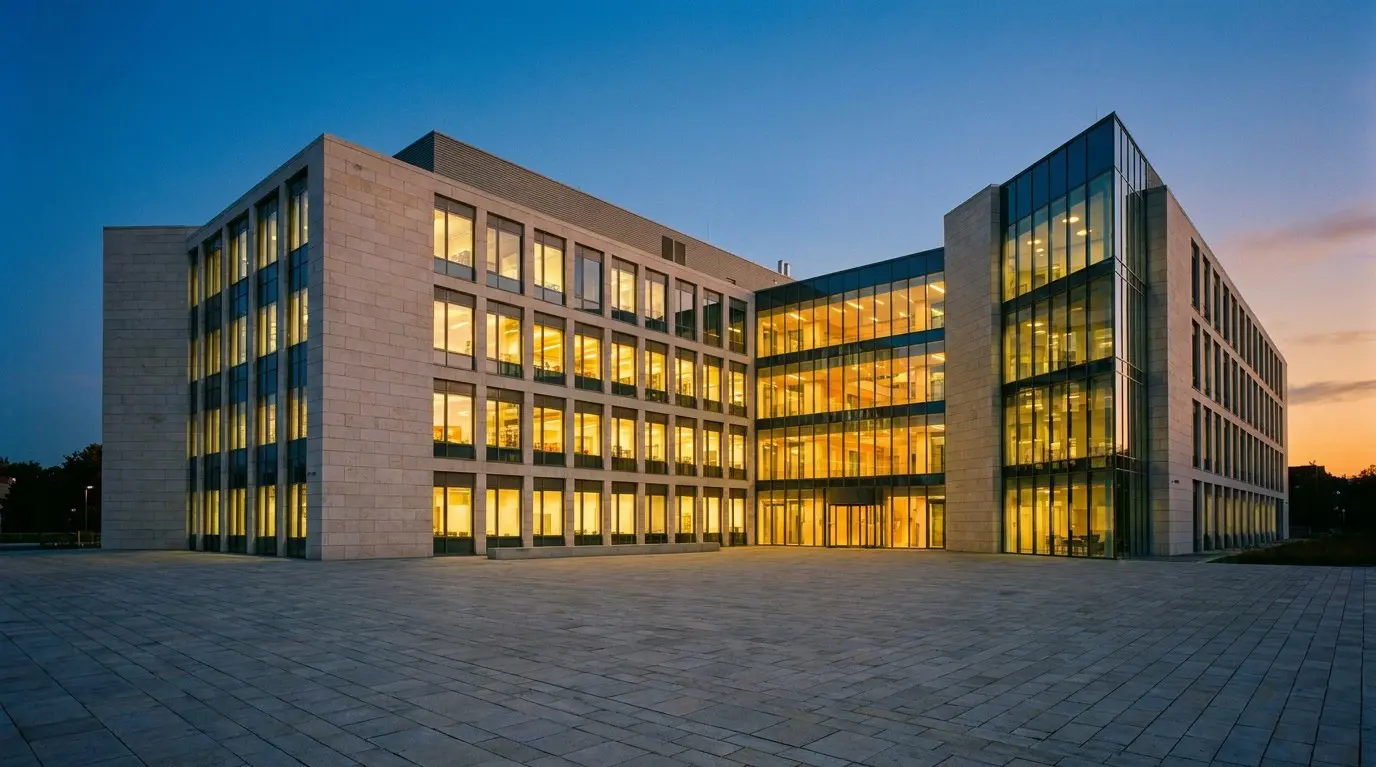 A modern university science building at dusk