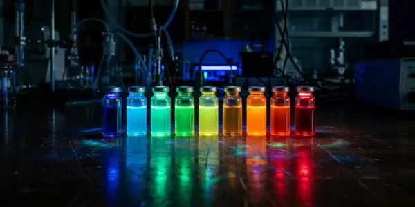 A row of small vials containing brightly coloured liquids illuminates a dark laboratory bench, creating vibrant reflections