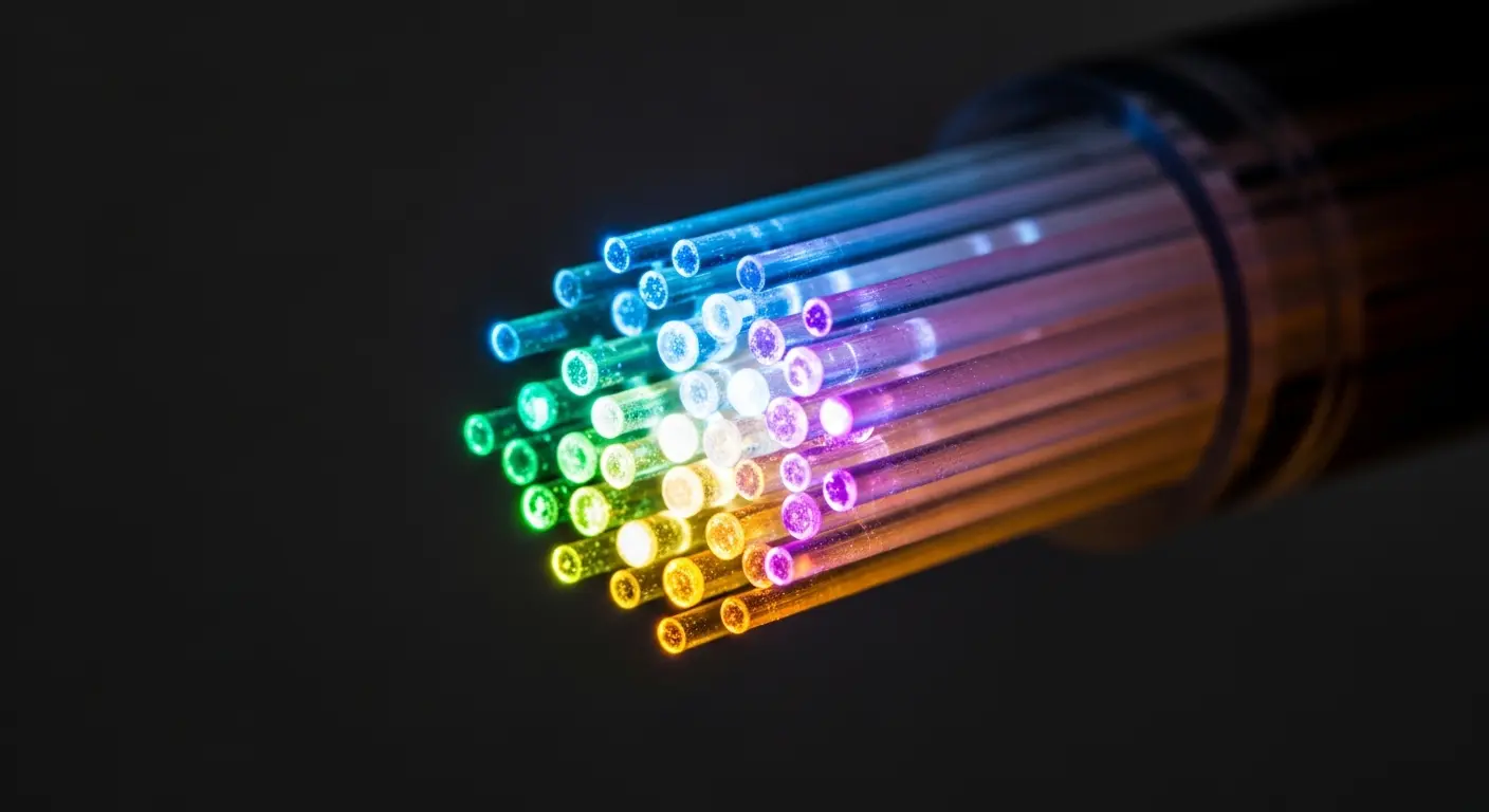 Fan of illuminated fibre strands in rainbow colours