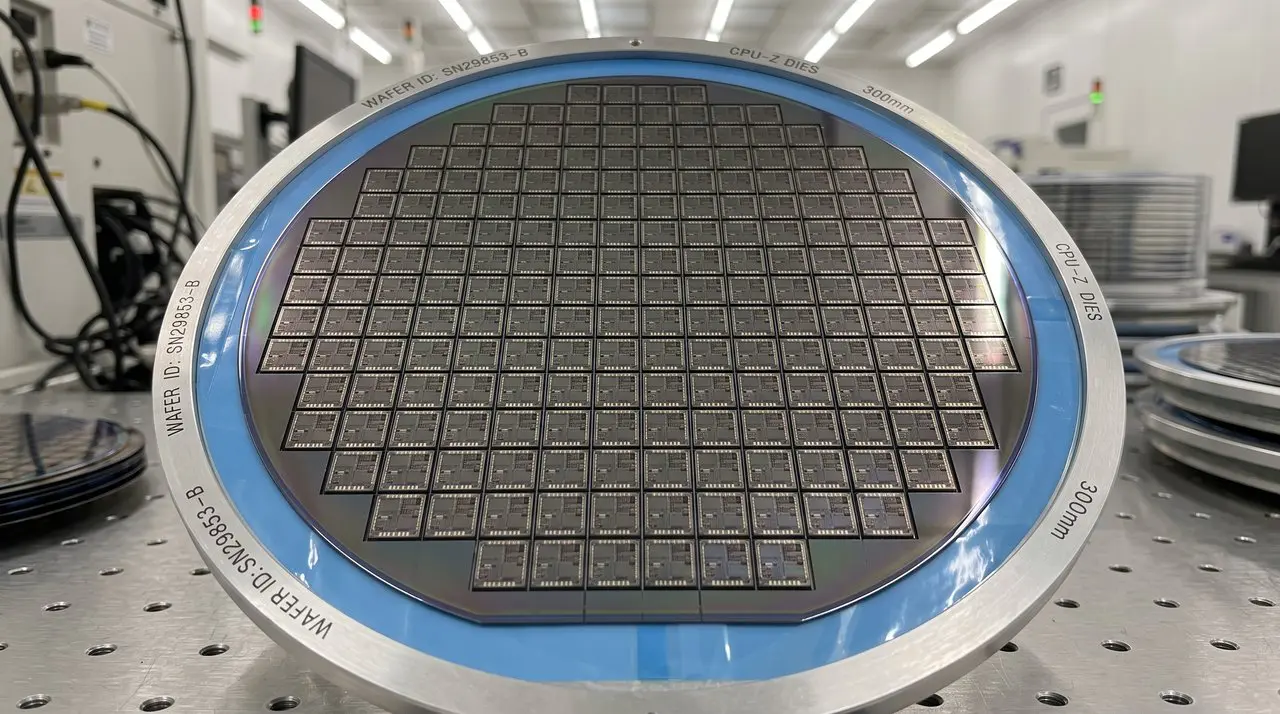 A 300mm wafer patterned into individual dies