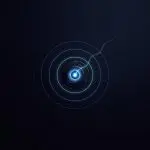 A small metallic device with a bright blue glowing center emits concentric circular rings and a thin filament of light.
