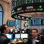 A bustling trading floor is filled with blurred figures and glowing screens displaying financial data in green, red, and white