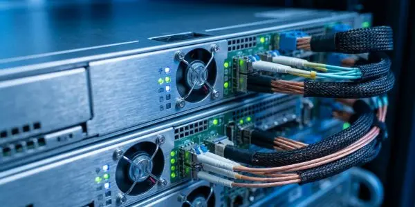 stacked rack servers with fans, green indicator lights and braided copper and fibre cables