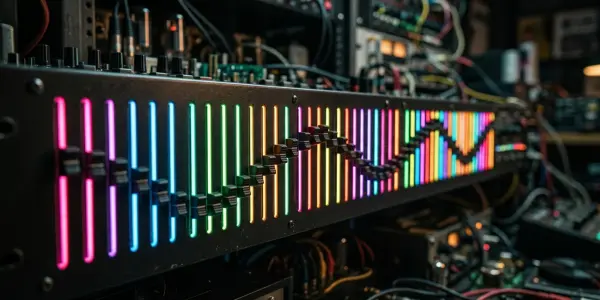 A rack-mounted audio equaliser glows with vibrant pink, blue, and green lights in a dark studio environment