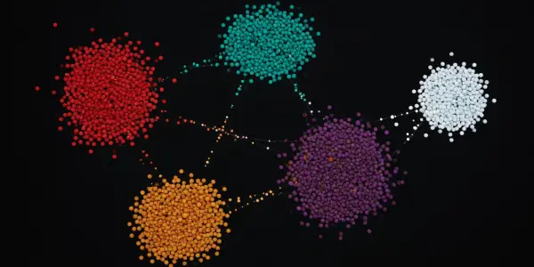 A network of colourful spheres connected by faint lines is displayed against a black background, creating a visually striking composition.
