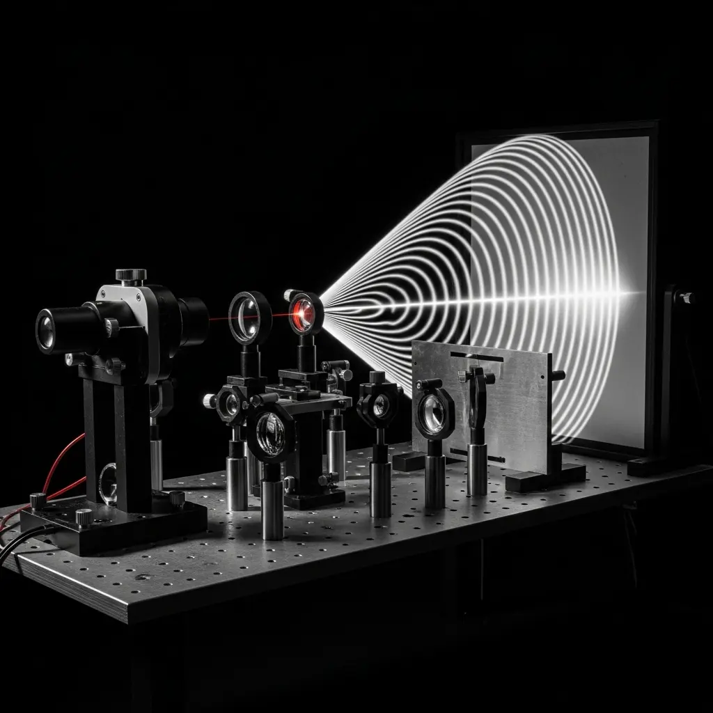 Classical apparatus mimicking quantum interference pattern projection, structured wave distribution emerging clearly