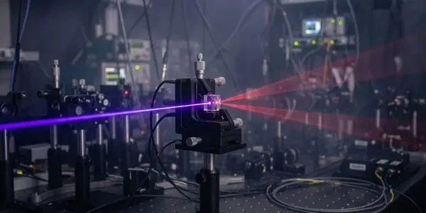Violet laser beam striking a crystal on an optical mount and splitting into two red cones