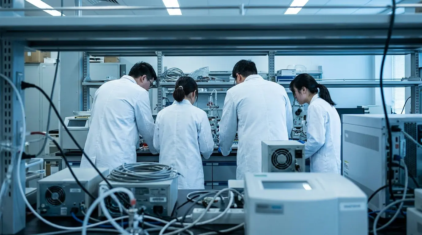 A modern laboratory filled with scientific equipment is shown, featuring researchers in white coats and cool blue lighting