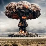 Illustration of a mushroom cloud rising over a desert plain with mountains behind, in the style of a 1940s colour photograph