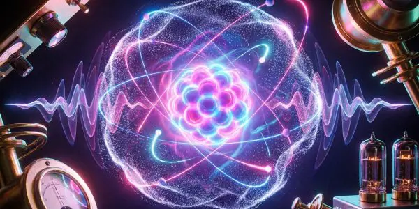 Glowing pink and blue atom with wave patterns, framed by brass instruments and vacuum tubes