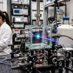 A researcher beside a glass vacuum chamber crossed by a laser