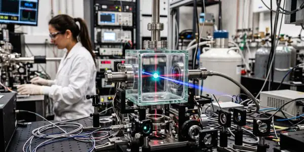 A researcher beside a glass vacuum chamber crossed by a laser