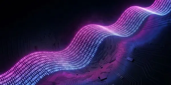 A circuit board is overlaid with flowing binary code in vibrant purple and blue, set against a dark background.