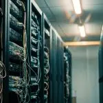 A server room aisle with open racks of cabled equipment on the left and closed cabinets on the right