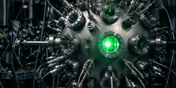 A complex metallic sphere with glowing green lights dominates the frame, set within a dark, cluttered laboratory environment.