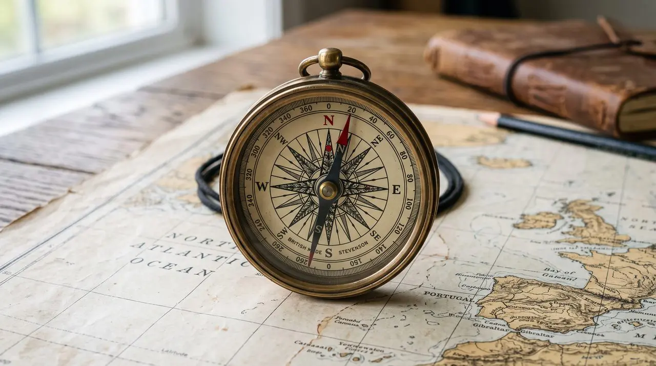 A brass compass rests on an antique map, alongside a worn book, bathed in soft, natural light