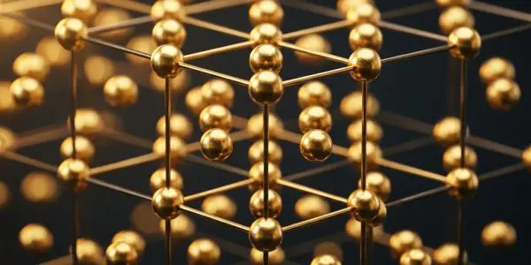 A golden, three-dimensional lattice structure glows against a dark background, suggesting interconnectedness and complex systems.