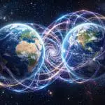 Two planets linked by streams of light