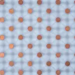 A grid of pennies covers a translucent plastic sheet, creating a patterned shadow against a black background, using copper and white.