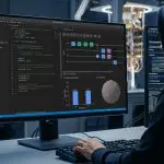 Top quantum software companies in action: developer using a quantum SDK with circuit visualizer and Bloch sphere alongside a cryostat