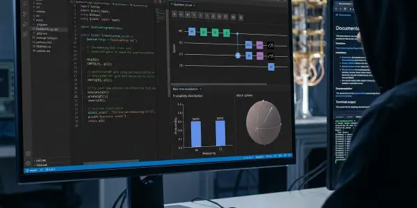 Top quantum software companies in action: developer using a quantum SDK with circuit visualizer and Bloch sphere alongside a cryostat