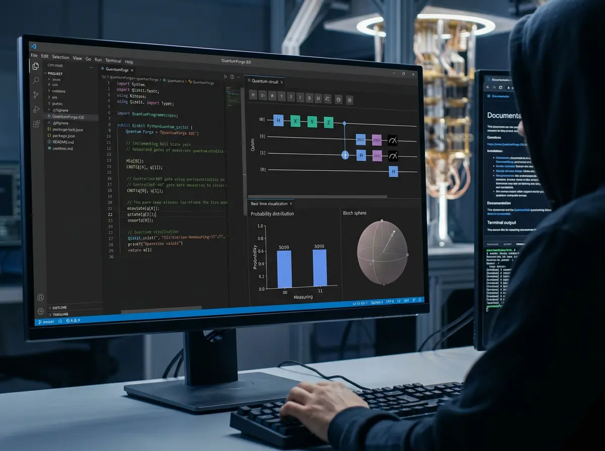 Top quantum software companies in action: developer using a quantum SDK with circuit visualizer and Bloch sphere alongside a cryostat