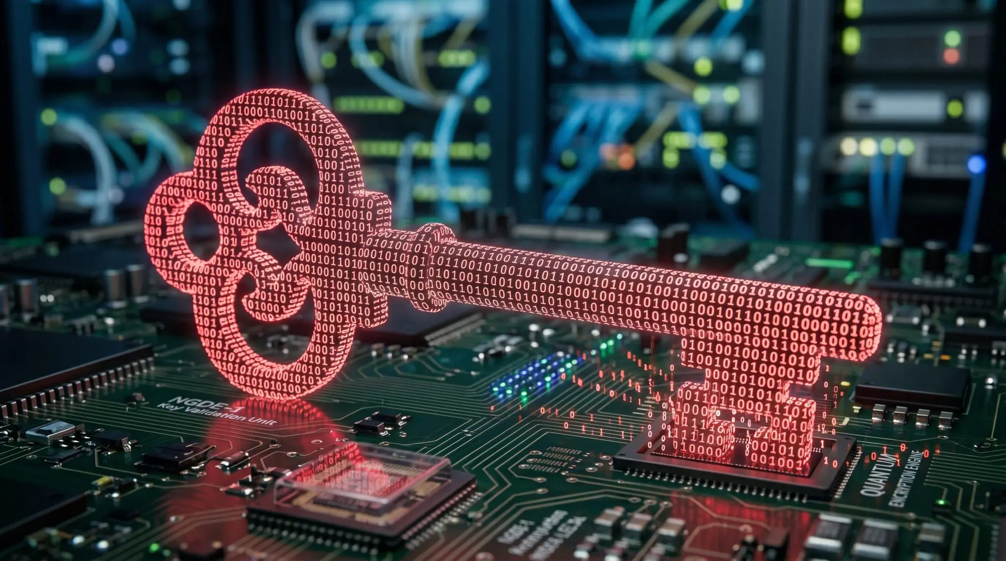 A glowing key composed of binary code floats above a complex circuit board in a darkened server room, primarily red and blue.