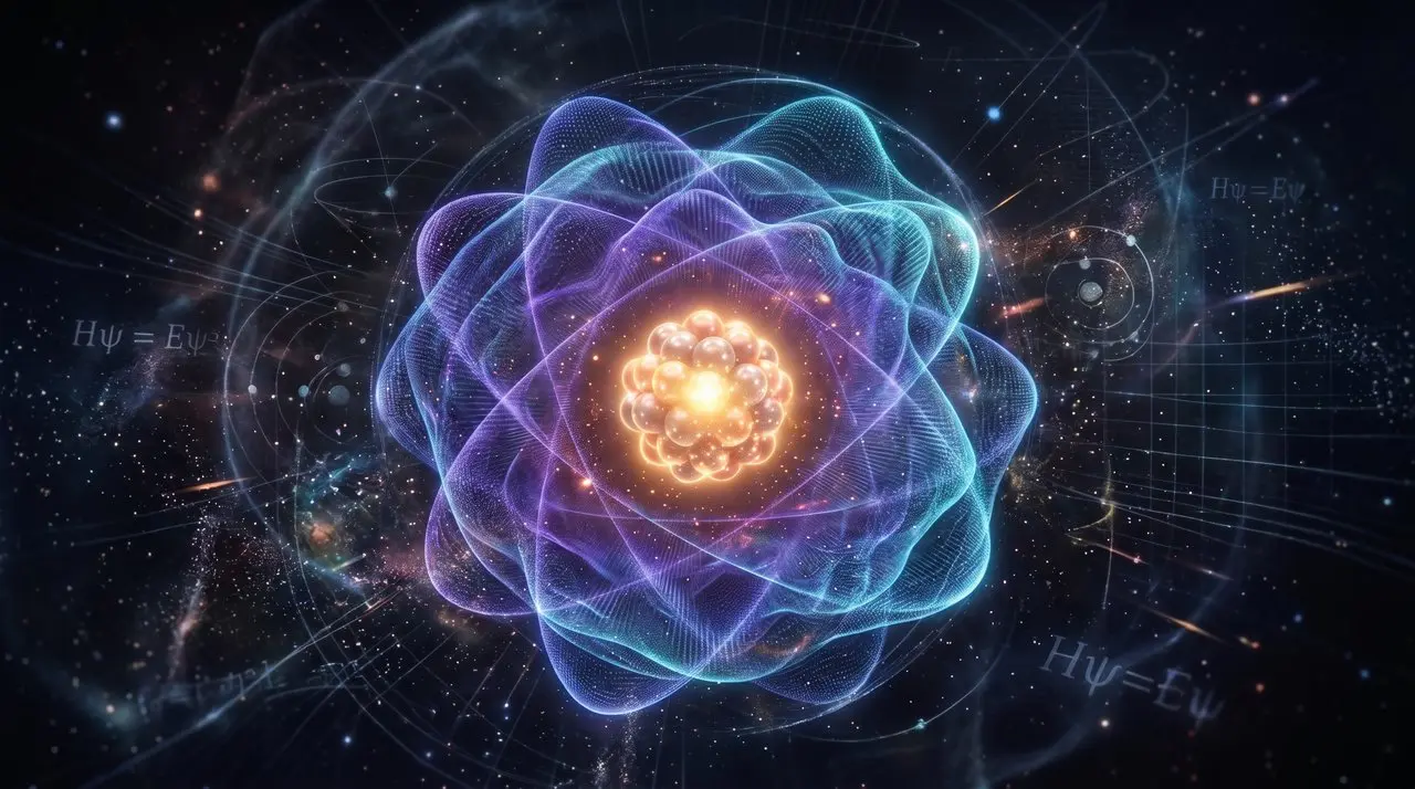 An atom drawn as overlapping electron orbitals