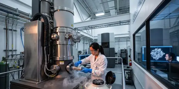 A scientist in a bright, modern laboratory works with a large, silver cryogenic apparatus emitting vapor, with a control room visible beyond.