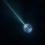 A luminous blue translucent sphere with internal lattice structure projecting thin light rays across a black background.