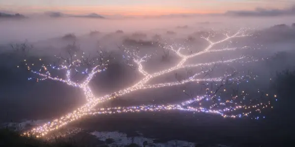 A sprawling network of lights illuminates a misty landscape at dusk, with soft pink and purple hues dominating the scene.