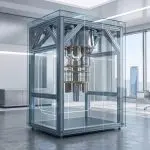 A quantum computer in a glass case in a modern office