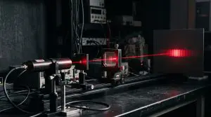 Red laser passing through a slit on an optical rail and making an interference pattern on a screen