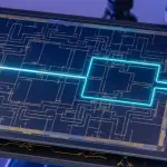 A circuit board with glowing blue lines highlights a rectangular area, set against a dark laboratory background.
