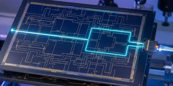 A circuit board with glowing blue lines highlights a rectangular area, set against a dark laboratory background.