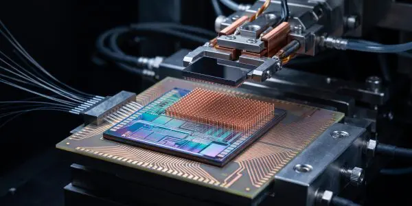 A photonic chip on a stage with a fibre array and cooling block