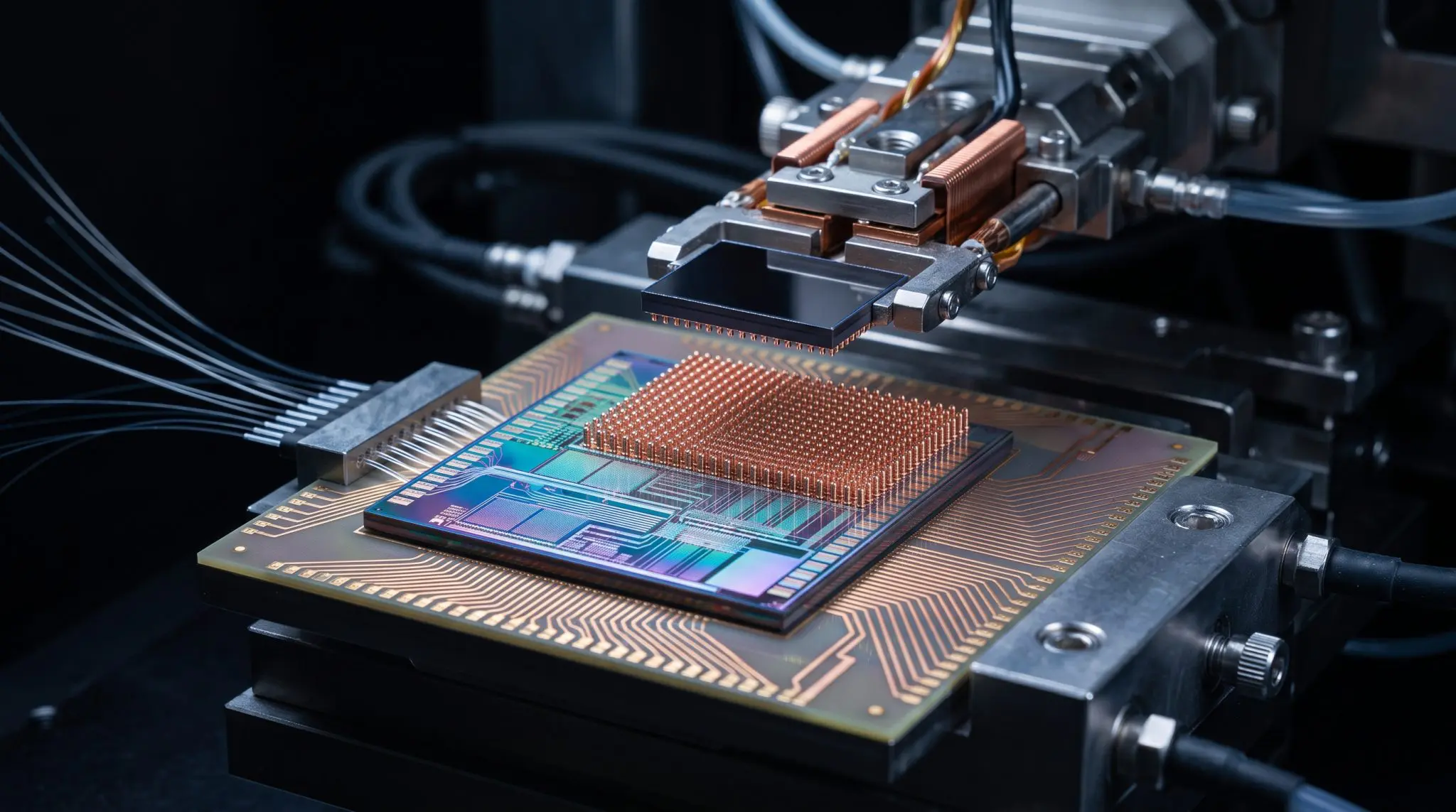 A photonic chip on a stage with a fibre array and cooling block