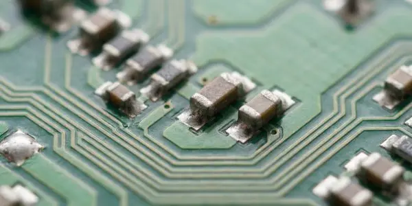 Surface-mount components soldered to a green circuit board with curving parallel traces