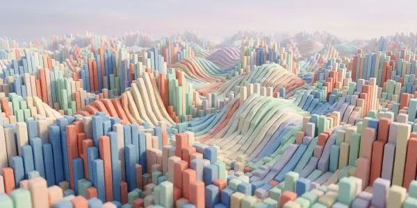 A pastel landscape of rectangular columns and flowing curves stretches into the distance under a soft sky