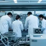 Researchers gathered around laboratory equipment
