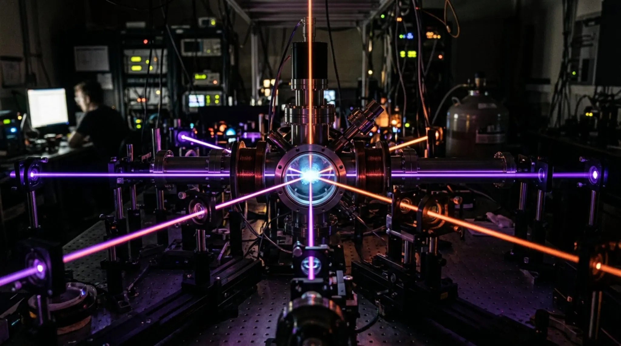 A complex arrangement of lasers and optical equipment fills a darkened laboratory, illuminated by vibrant purple and orange beams