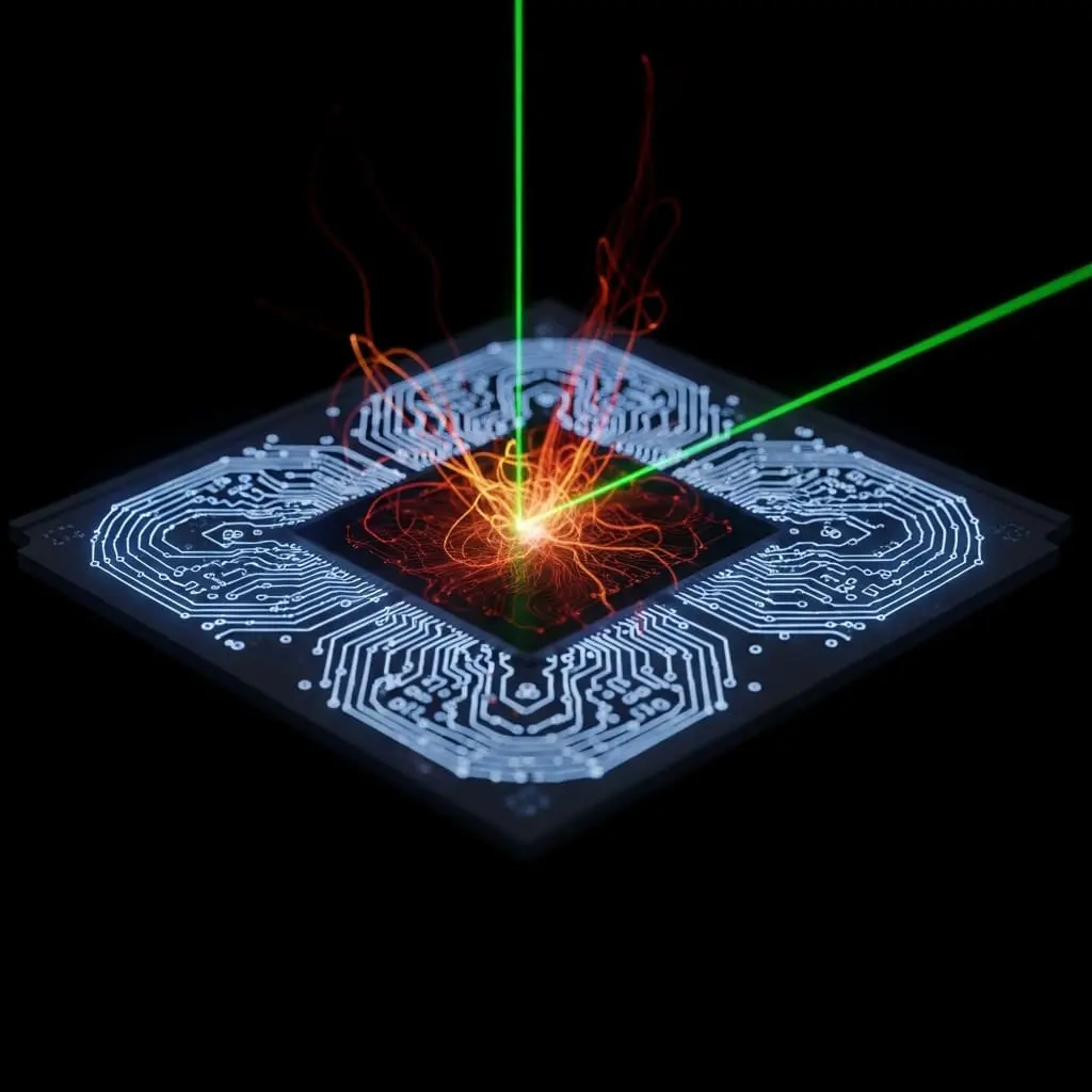 Superconducting quantum chip suspended in deep black space, delicate circuit loops glowing faintly, a focused spectroscopy beam scanning across the surface, subtle energy decay trails fading from specific regions to reveal hidden flaws