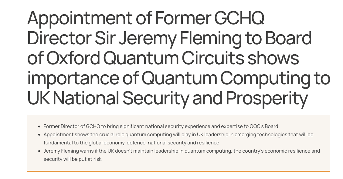 Sir Jeremy Fleming Joins OQC Board, Emphasizing Quantum Computing’s Critical Role in UK National Security and Economic Growth