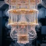 A complex, multi-tiered structure of gold and silver-toned metal is enveloped in swirling white vapor, set against a dark background