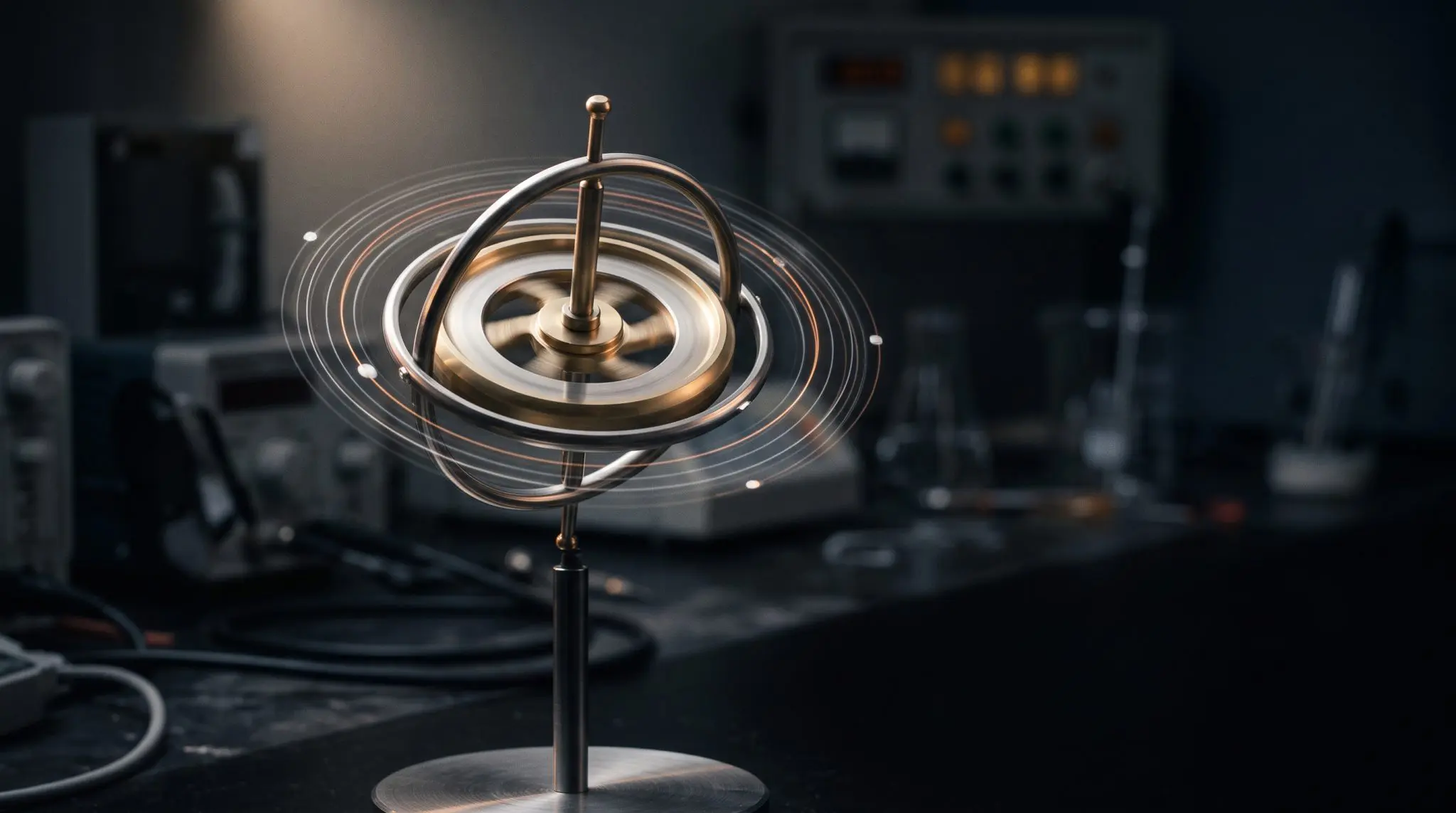 Brass gyroscope spinning on a stand with circular motion trails in a dim laboratory