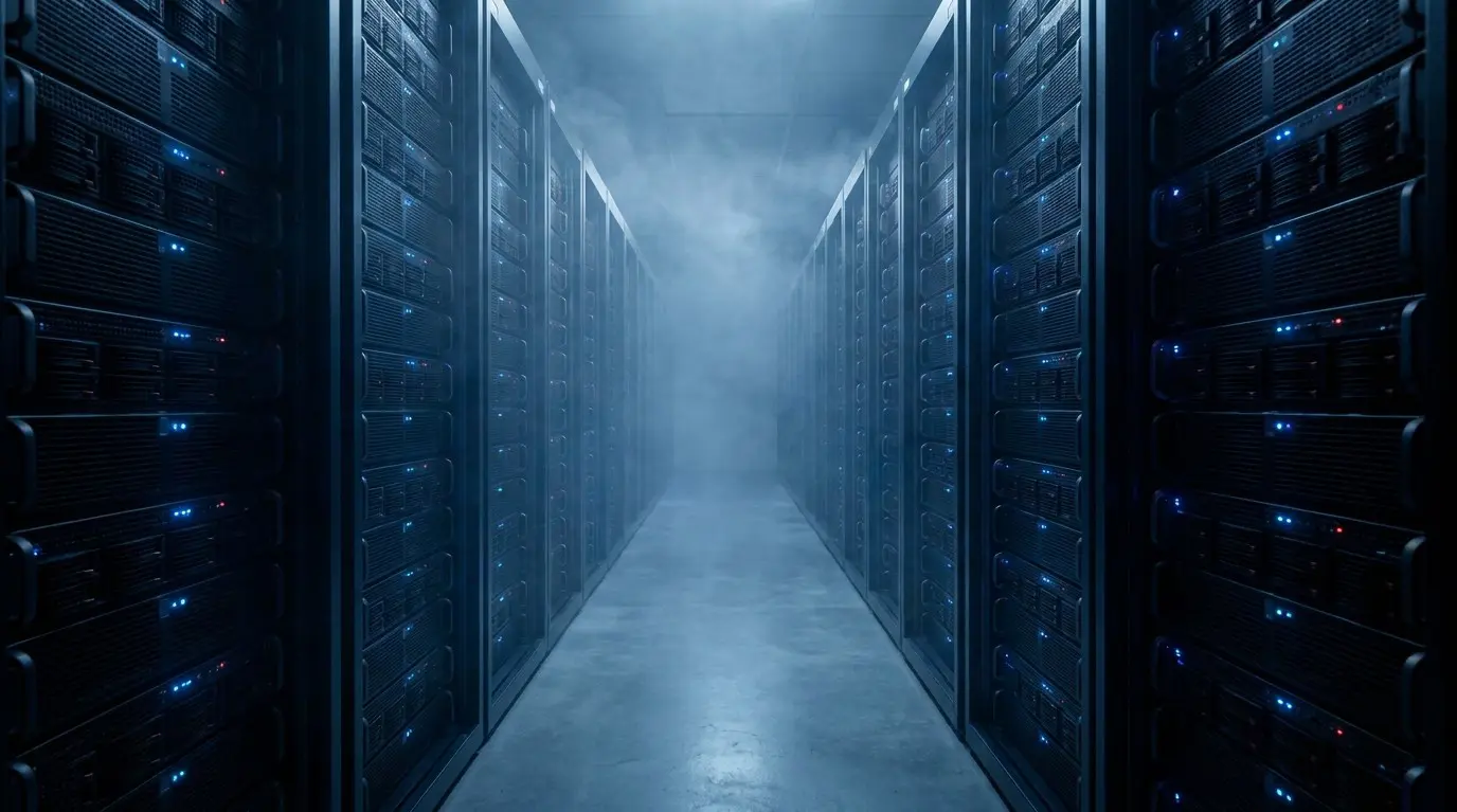 An aisle between two walls of dense server racks