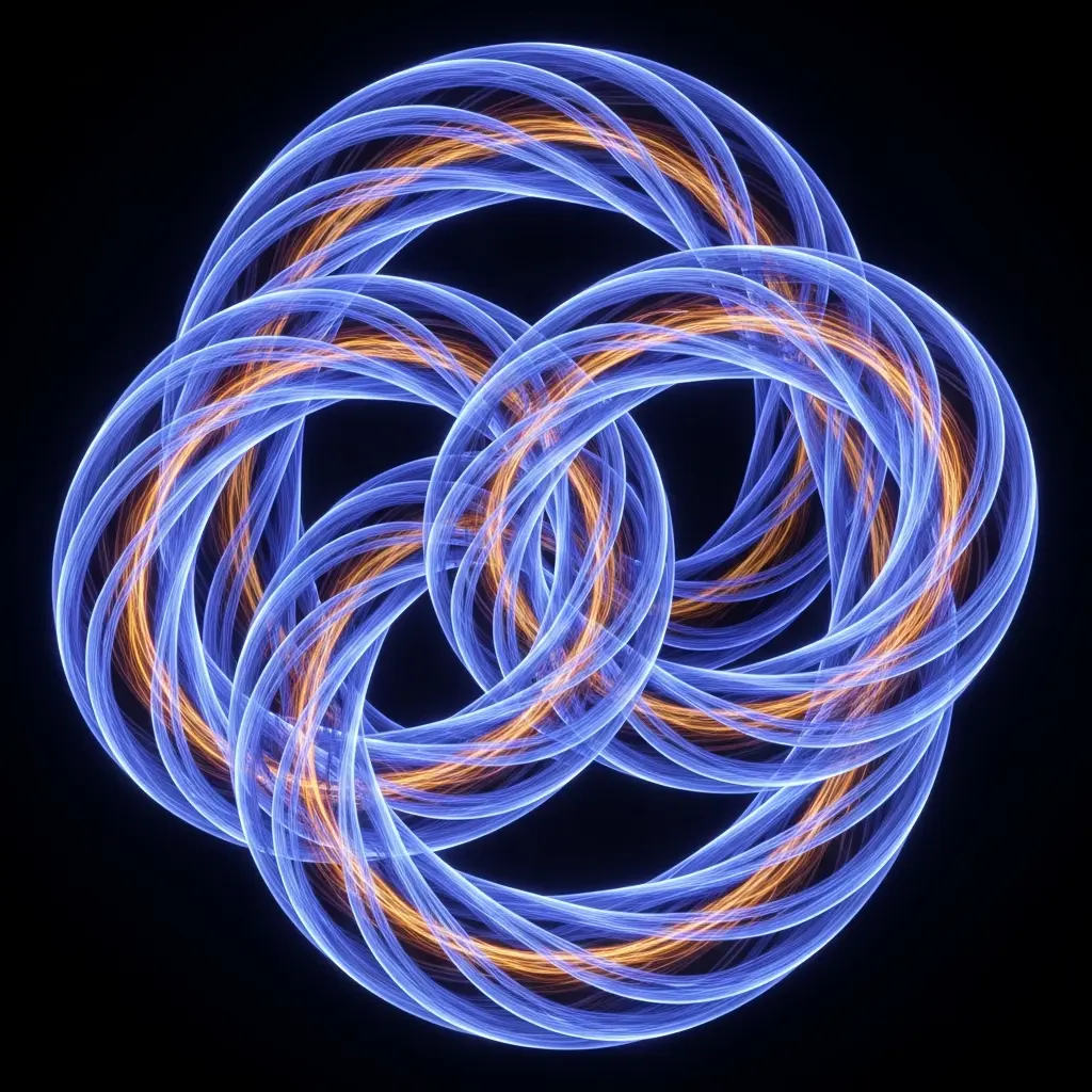 Two quasiparticle paths braiding around each other in smooth intertwined loops, glowing trails forming stable topological knot, dark minimal background