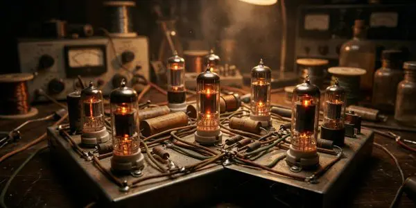 A cluster of glowing vacuum tubes on a chassis