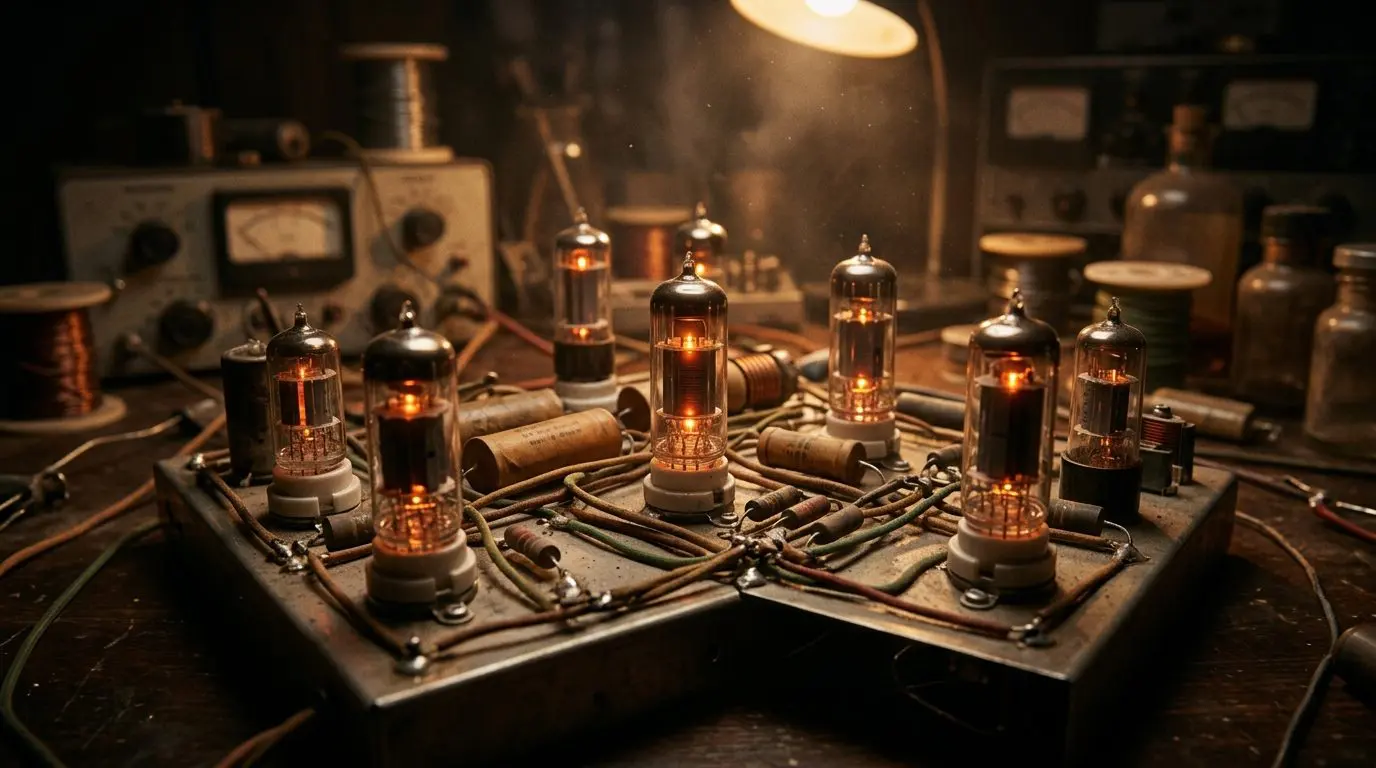 A cluster of glowing vacuum tubes on a chassis
