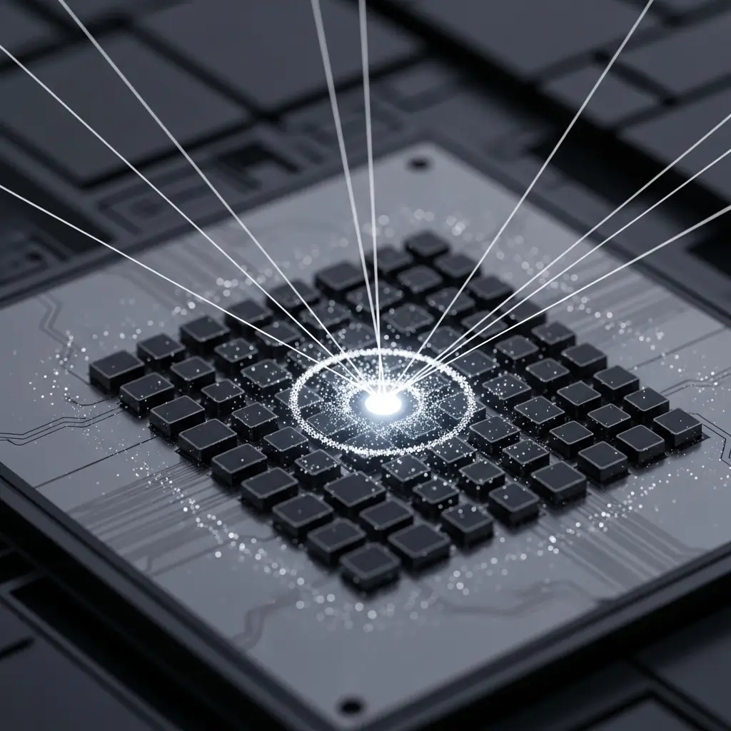 Qubit array with fewer measurement beams scanning across it, bright efficient readout node at center, minimal energy pulses compared to background